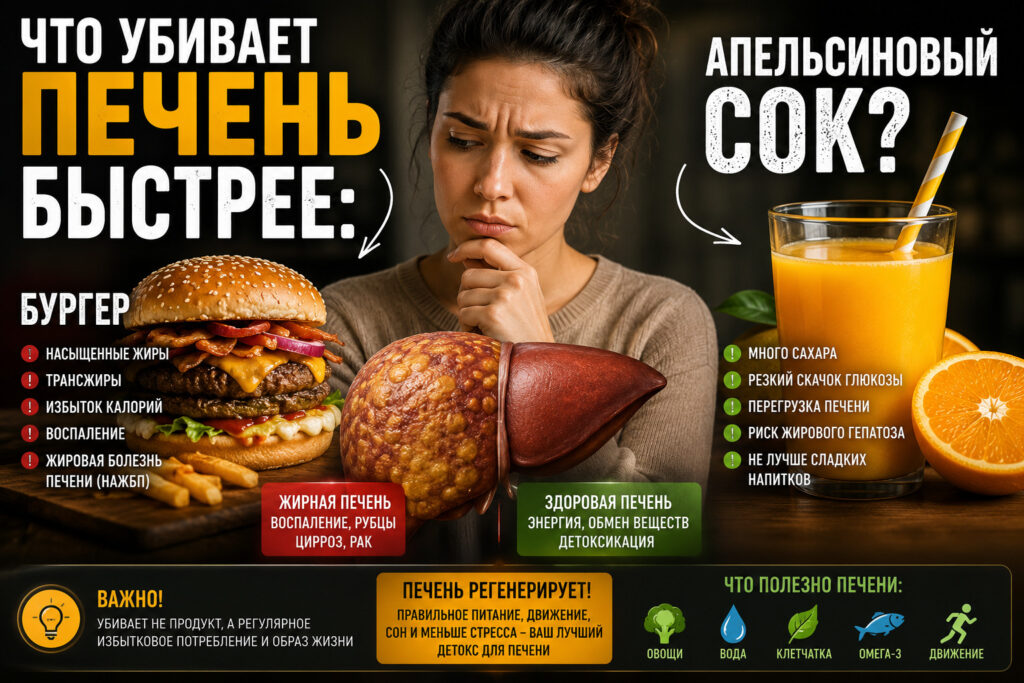 Что убивает печень быстрее: бургер или апельсиновый сок? Что убивает печень быстрее: бургер или апельсиновый сок?